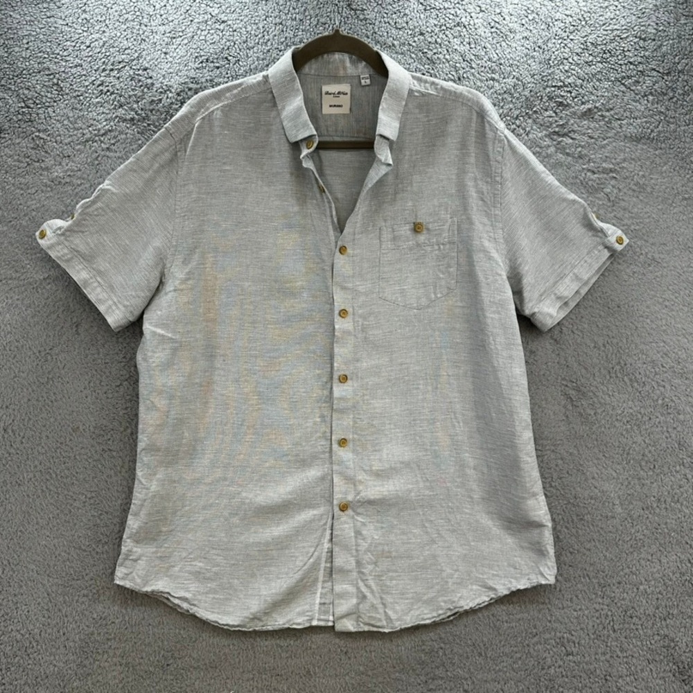 Baird McNutt Men's Large Linen Cotton Grey Short Sleeve Button Down Shirt Luxury
